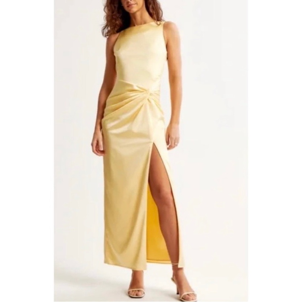 Abercrombie & Fitch Knot Split Yellow Satin Dress Wedding Guest Size Small Tall